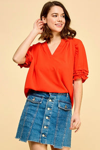 BALLOON SLEEVE V-NECK TOP