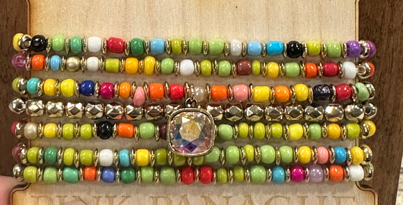 Multi color 7 strand stretch bracelet set with Austrian Crystal
