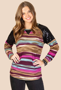 Multi stripe and sequin long sleeve shirt