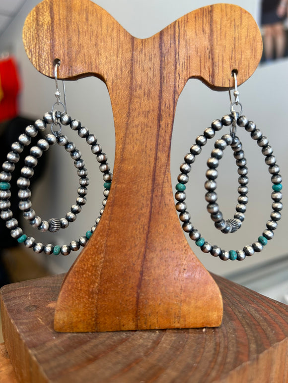 Turquoise & sterling bead double hoop earring