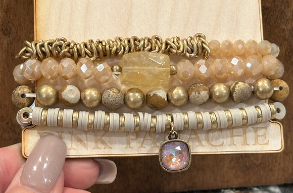 Four Stand Stone & Gold Bead Bracelet Set with Austrian Crystal