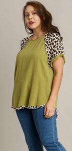 Avocado & Leopard Raw Hem Top