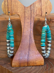 Silver stamped bead & turquoise earring