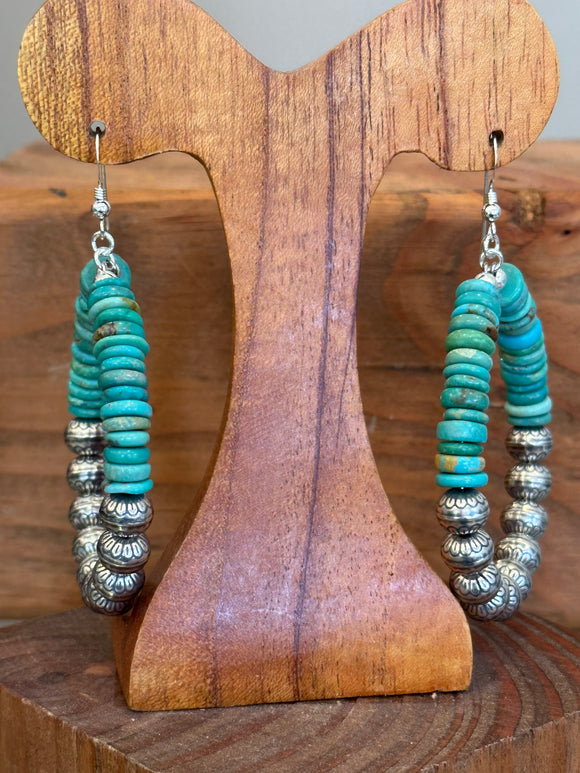 Silver stamped bead & turquoise earring