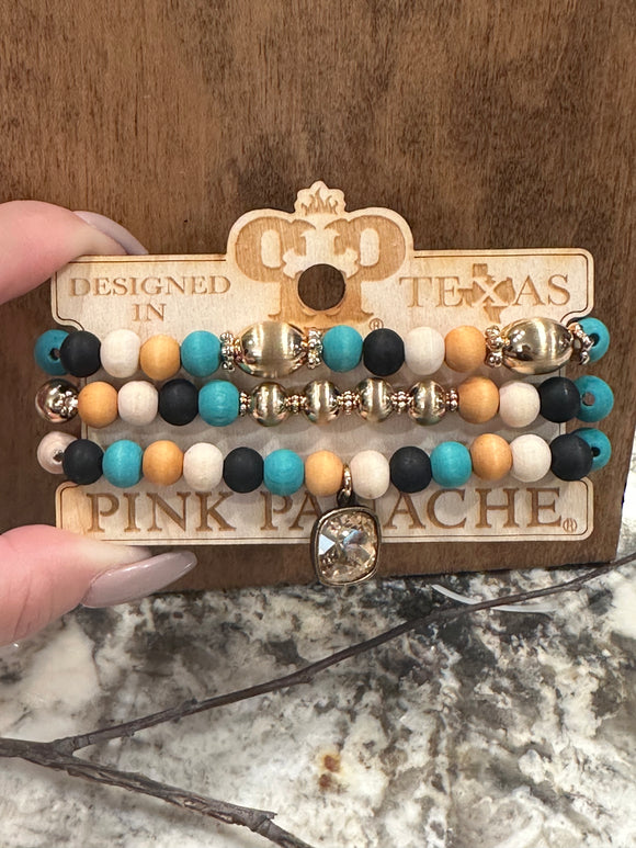 Multi Wood Bracelet Trio with Austrian Crystal