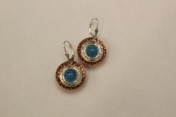 Sterling & copper textured domed earring with blue stone accent rivet