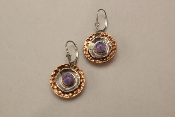 Concave textured copper and sterling earring with purple stone rivet accent