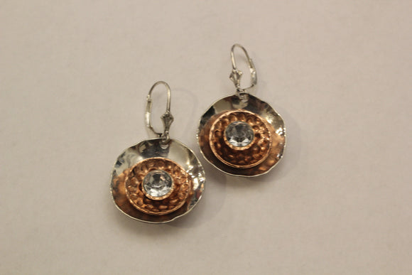 Sterling and copper textured concave earring with clear stone rivet