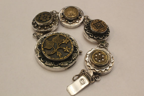Vintage button clasp two-tone silver and golden bracelet