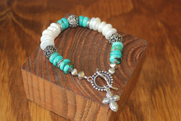 Pearl & Turquoise Bali bracelet with cross dangle
