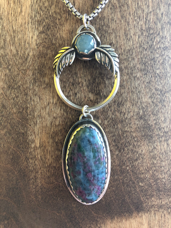 Ruby Kyanite & Aquamarine circle pendant