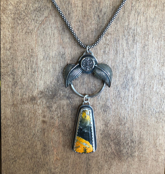Bumblebee Jasper & silver druzy circle pendant